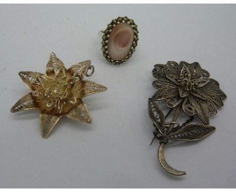 Two filigree brooches and a silver ring