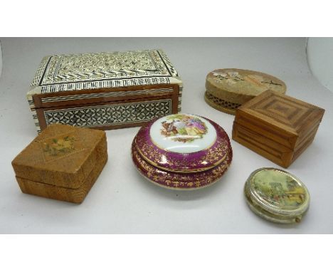 An inlaid box with mother of pearl and abalone, two lidded pots, two boxes and a rouge pot