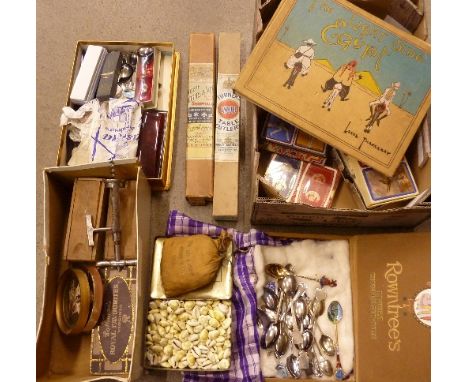 Collectors spoons, one volume, Thackeray's The Light Side of Egypt, playing cards, games, etc.