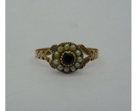 A Georgian gold, pearl and garnet cluster ring, no marks, weight 0.5g, size N