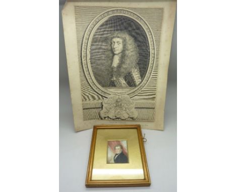 A 19th Century portrait miniature and a copper engraving