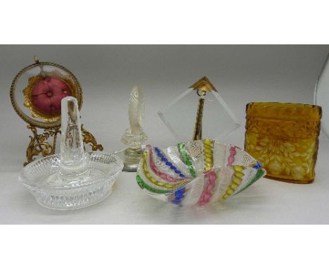 Six items of glass, a Nailsea napkin ring, a/f, a photograph frame, a stand, a ring stand, a coloured glass dish and an amber