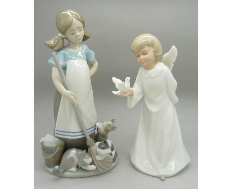 A Lladro figure, girl with kittens, height 22.5cm, and a Leonardo figure of an angel