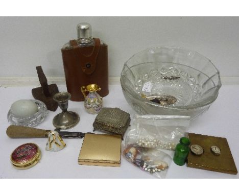 A hip flask, Brown's bottle opener, glass fruit bowl, etc.