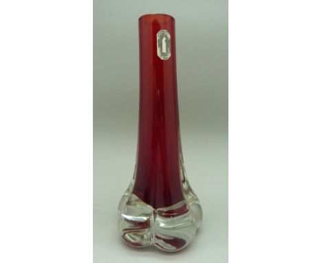 A Whitefriars 9728 pattern ruby glass elephant foot vase designed by Geoffrey Baxter, height 17.5cm