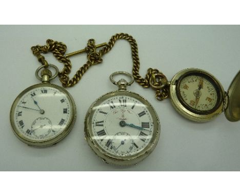 A plated compass and two pocket watches including The Big Ben Watch