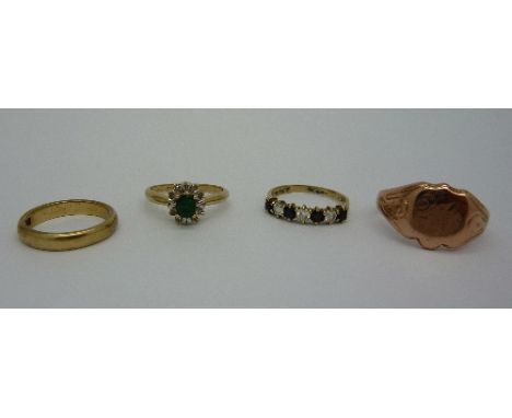 Four 9ct gold rings, total weight 14.4g, sizes K, M, N and T