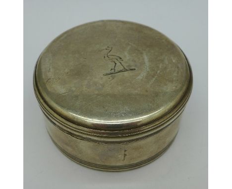 A Georgian white metal circular snuff box, makers mark TH, weight 121g