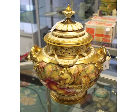 A large twin handled Royal Worcester fruit painted vase and cover, the fully covered baluster body painted and signed H. Ayrt