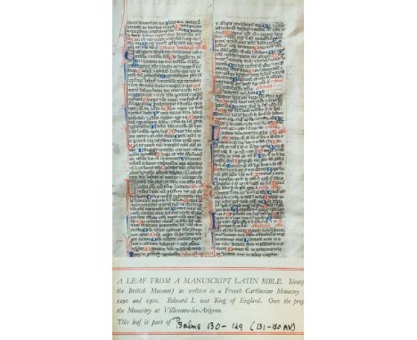 Medieval manuscript parchment leaf from a Latin Bible, two columns, 56 lines, decorative initials in red & blue, completed on
