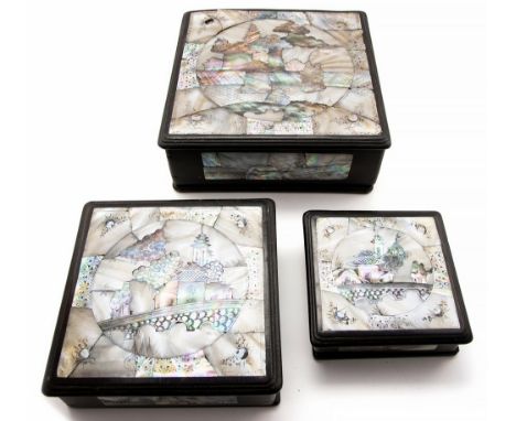 A 19th Century Chinese hardwood square box with two graduated boxes inside, each with a mother of pearl and abalone inset cov