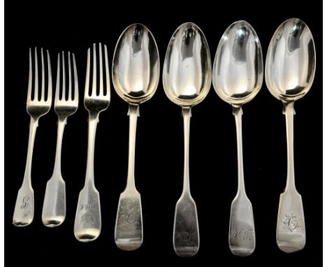 A collection of 19th Century silver Fiddle pattern flatware, each handle engraved with initials, including two pair of table 