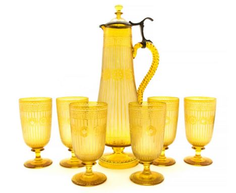 A 19th Century Bohemian glass lemonade set, amber colour, including pewter lidded jug and six glasses, etched vertical tripe 