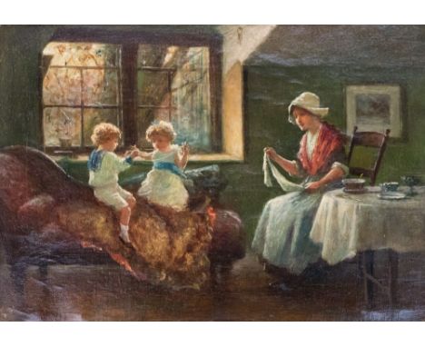 Alexander Rosell (British, 1859-1922), an interior with a mother watching her two children playing with string, signed l.l., 