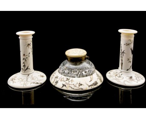 An Aesthetic movement, ivory, shibayama inkwell and matching candlesticks, velvet bases and hobnail cut glass inkwell, overla