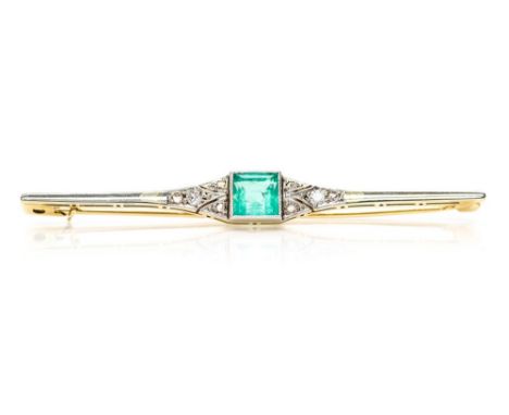 An Art Deco emerald and diamond 14ct yellow and white gold bar brooch, the centre square step cut emerald measuring approxima