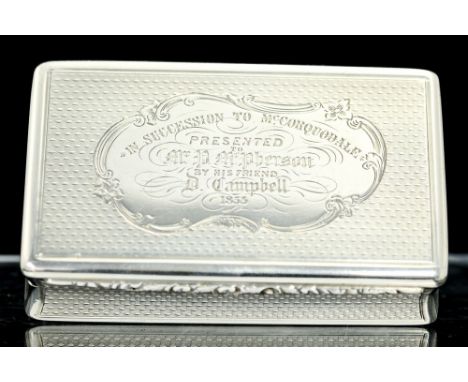 An early Victorian silver snuff box, rectangular the hinged cover and body with engine turned decoration, gilt interior, the 