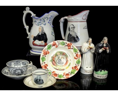 A collection of Wesley commemorative ware including figures of John Wesley, transfer printed coffee cup and teacup, Prattware