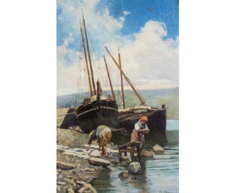 R...M........(late 19th Century), women washing linen at the edge of a river with fishing boats behind, indistinctly signed l