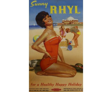 Collection of rail/travel/tourist posters: 'Sunny Rhyl , for a Healthy Happy Holiday', depicting bathing beauty, published by