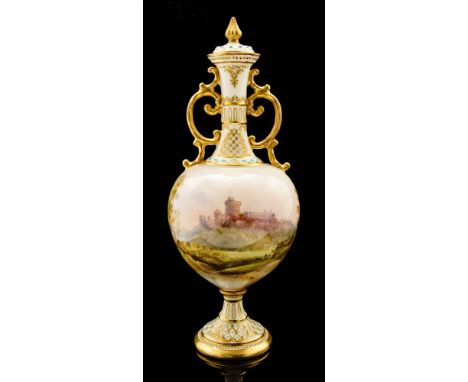 A Royal Doulton pedestal vase, painted by J H Plant with a view of Windsor Castle, open scroll handles and jewelled and gilt 