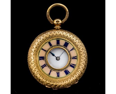 A late 19th Century lady's 18k gold half hunter key wind fob watch, 3.5cm bright cut casework with Roman numeral guilloche en