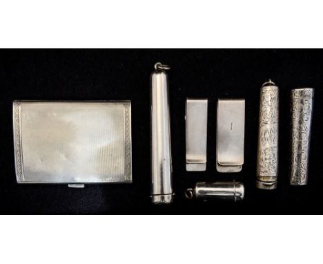 A collection of four various silver cigarette/cheroot holders, tapering cylindrical plain or bright-cut engraved, Birmingham,