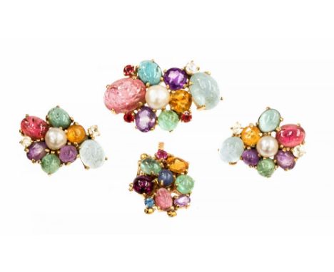 **REOFFER IN JANUARY A&C £1,000-£1,500** A suite of three multi gemstone set items of yellow gold jewellery comprising a pair