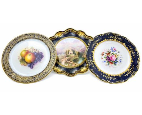 A scene painted plate, of Tolosa, signed Birbeck, together with a Coalport floral plate and a Royal Worcester fruit painted p