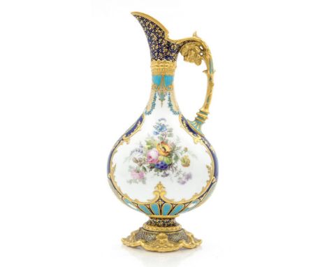 A Royal Crown Derby Kedleston ewer, painted with floral bouquets and garlands by Leroy, within raised and tooled gilt foliate