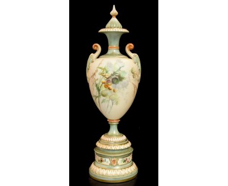 A Royal Worcester baluster, urn shaped vase and cover, together with a Royal Worcester two handled posy vase, blush ivory, pa