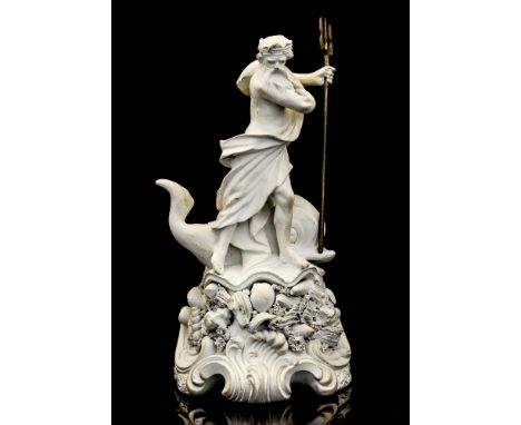 Derby bisque figure of Neptune, on Rococo base, holding trident, incised 299, 21cm high