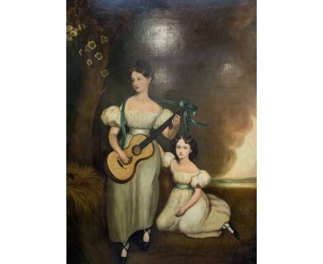 English School, circa 1830, portrait of two sisters, one standing full length playing a guitar, the other seated by her side,