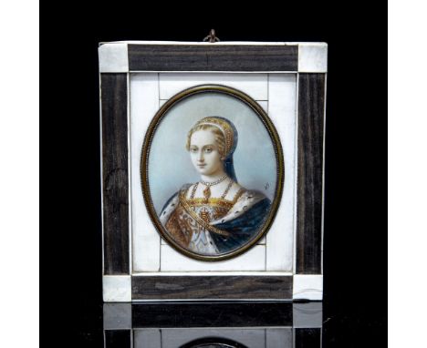 An early 20th Century oval portrait miniature on ivory of a lady in Medieval dress and jewels, monogrammed 'K.T', in a bone m