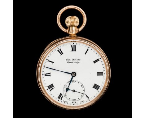 A 9ct gold gentleman's open faced top wind pocket watch, 4.5cm white enamel Roman numeral dial signed Otto Wehrle, subsidiary