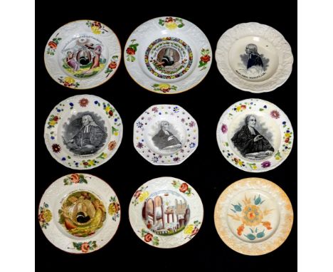 A collection of prattware nursery plates, transfer printed with John Wesley and Rev Fletcher etc. (9)condition: some restored
