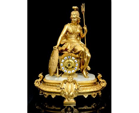 A late 19th Century French gilt metal bracket clock, circa 1870, surmounted with a figure of Britannia, inset enamel Roman nu