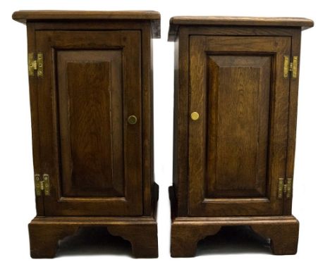 A pair of 20th Century traditional oak bedside cupboards, single panelled doors, bracket feet, height 58cm (2)