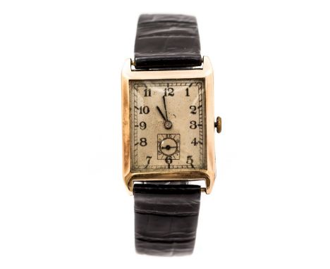 Tavannes, a 1930's 9ct Art Deco gentleman's Tavannes wristwatch, 2.5cm rectangular silvered dial with a subsidiary seconds di