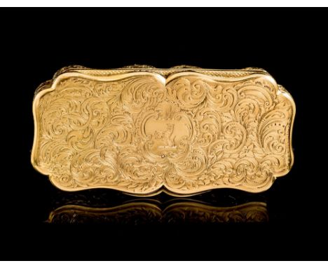 An early Victorian 18ct gold presentation snuff box, cartouche shaped the hinged cover and body profusely engraved with scrol