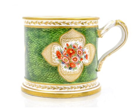 A Staffordshire mug, green fish scale ground with gilt quatrefoil cartouches of floral bouquetscondition: no damage or restor