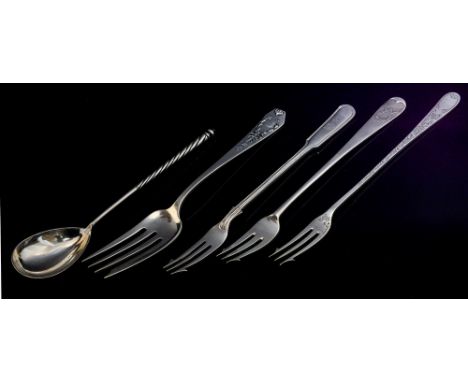 A collection of flatware including three silver pickle forks, Sheffield, Mappin & Webb, 1900; FB Ltd,1906 & W Gibson & J Lang