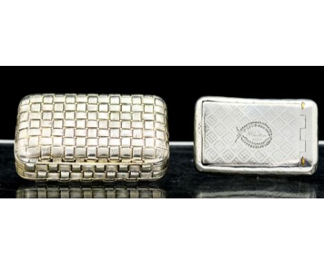A George III silver snuff box, oblong shaped, the body bright-cut engraved with geometric pattern decoration and central wrea