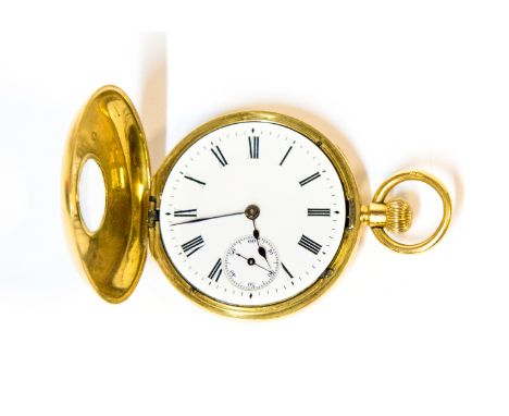 An 18ct gold half hunter top wind fob watch, circa 1910, 3cm white enamel Roman numeral dial, approximate weight all in 36gCo