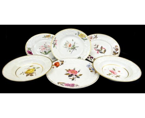 Chamberlains, Worcester florally embossed dessert plates, including four with central specimens within borders of further flo