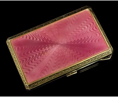 A George V silver-gilt cigarette case, rectangular body the enamel cover with radiating pink guilloche design, the base engin