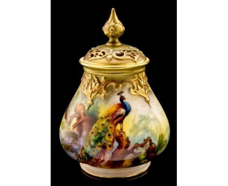 A Royal Worcester pot-pori vase and cover, signed F.J. Bray, peacock and pea-hen on a pine tree branch, green backstamps 291,