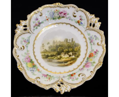An H & R Daniel comport, painted with a view of Ludlow Castle with floral decoration surround and a shaped and gilded rim, mi