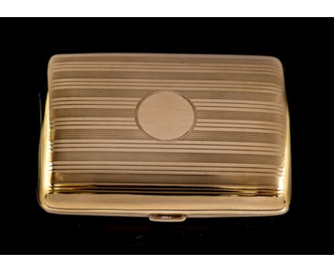 A George V 9ct gold cigarette case, engine turned decoration, the front with vacant circular cartouche, Birmingham, 1924, mak