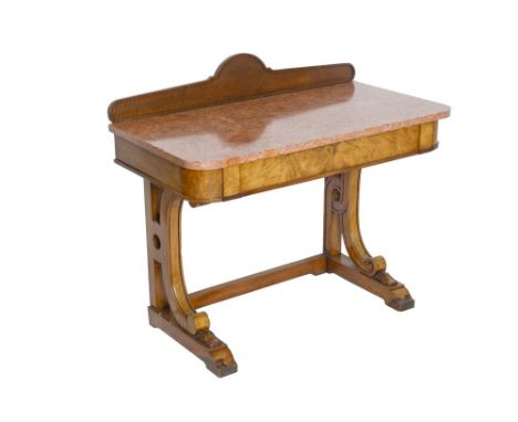 An early Victorian figured walnut wash stand or console table, cantilever construction with pink marble top and skate feet, 1